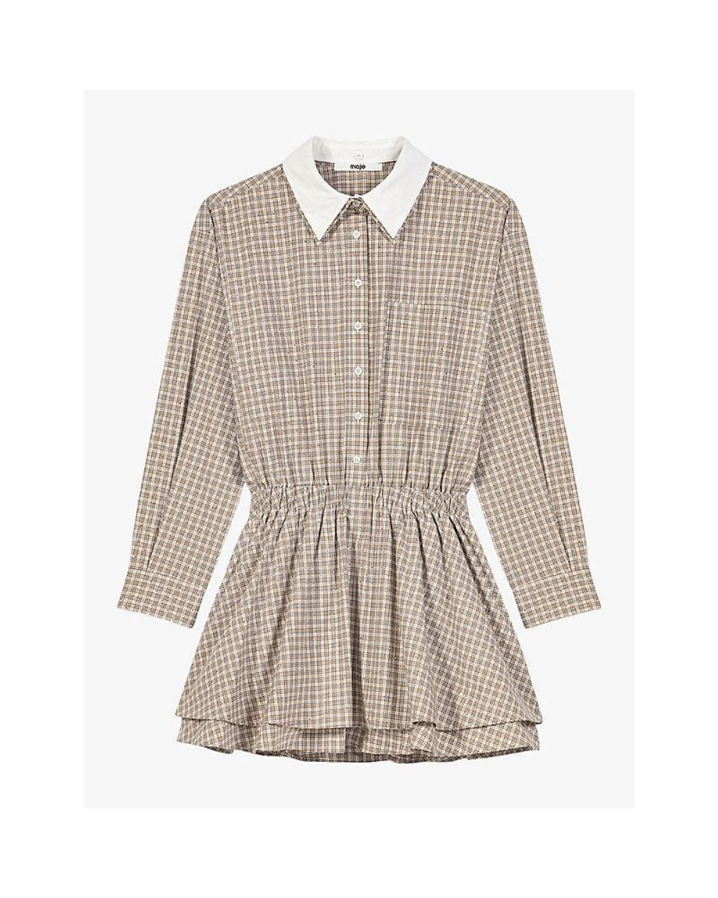 Maje Brown Checked Rhinestone-Embellished Cotton Mini Dress