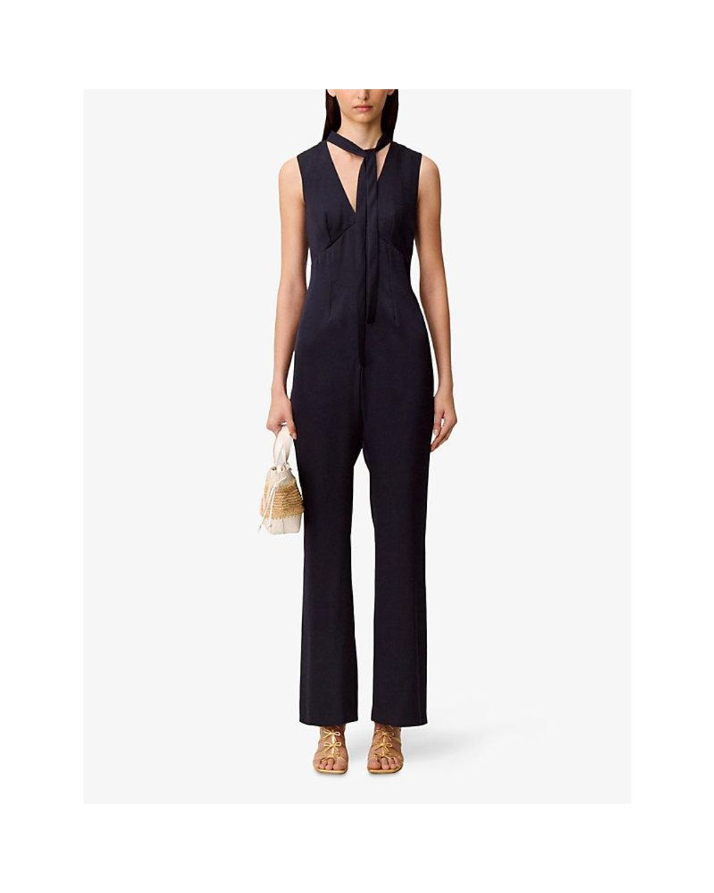 Claudie Pierlot Blue Tie-Neck Flared Satin Jumpsuit