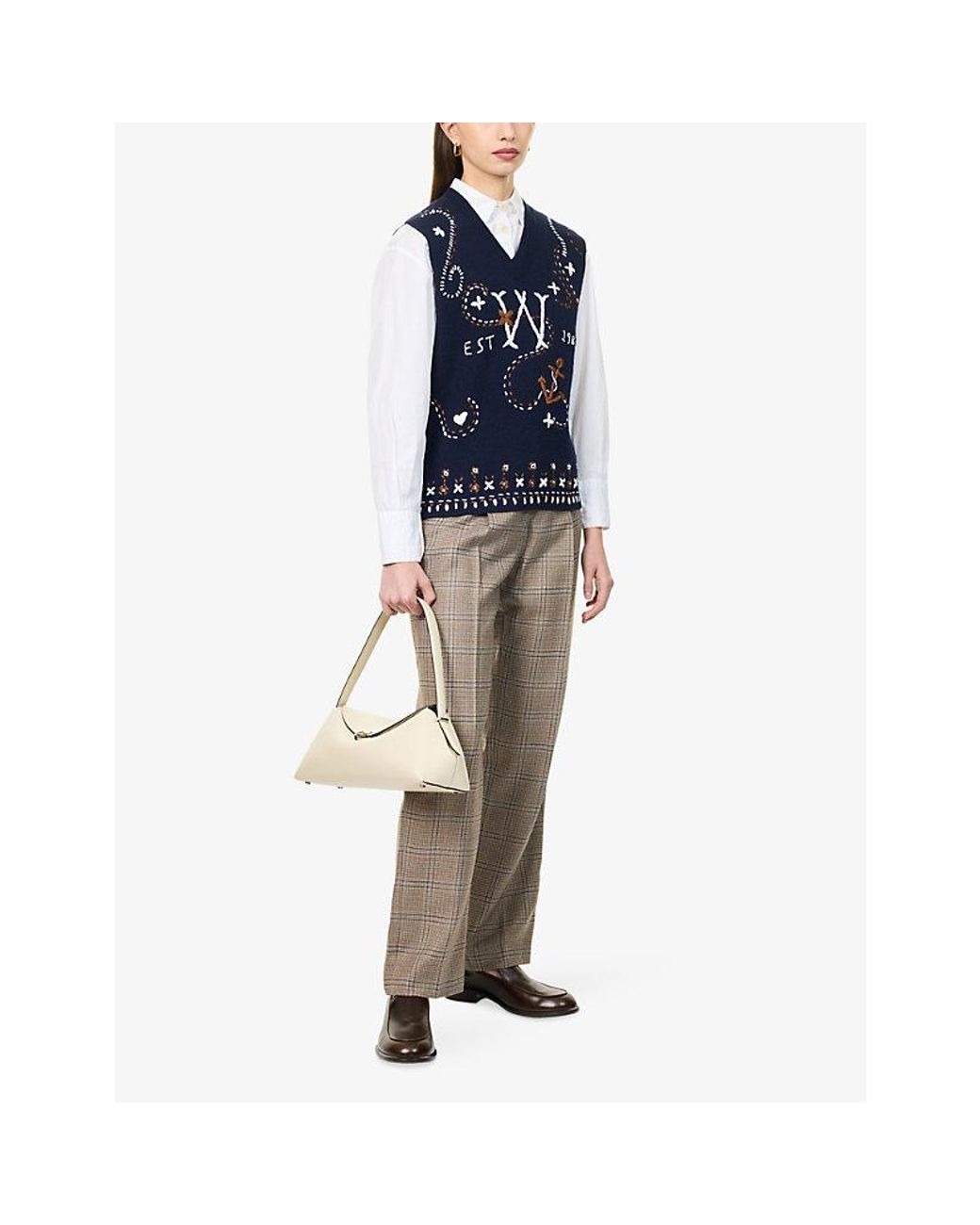 Weekend by Maxmara Blue V-Neck Embroidered Wool Vest