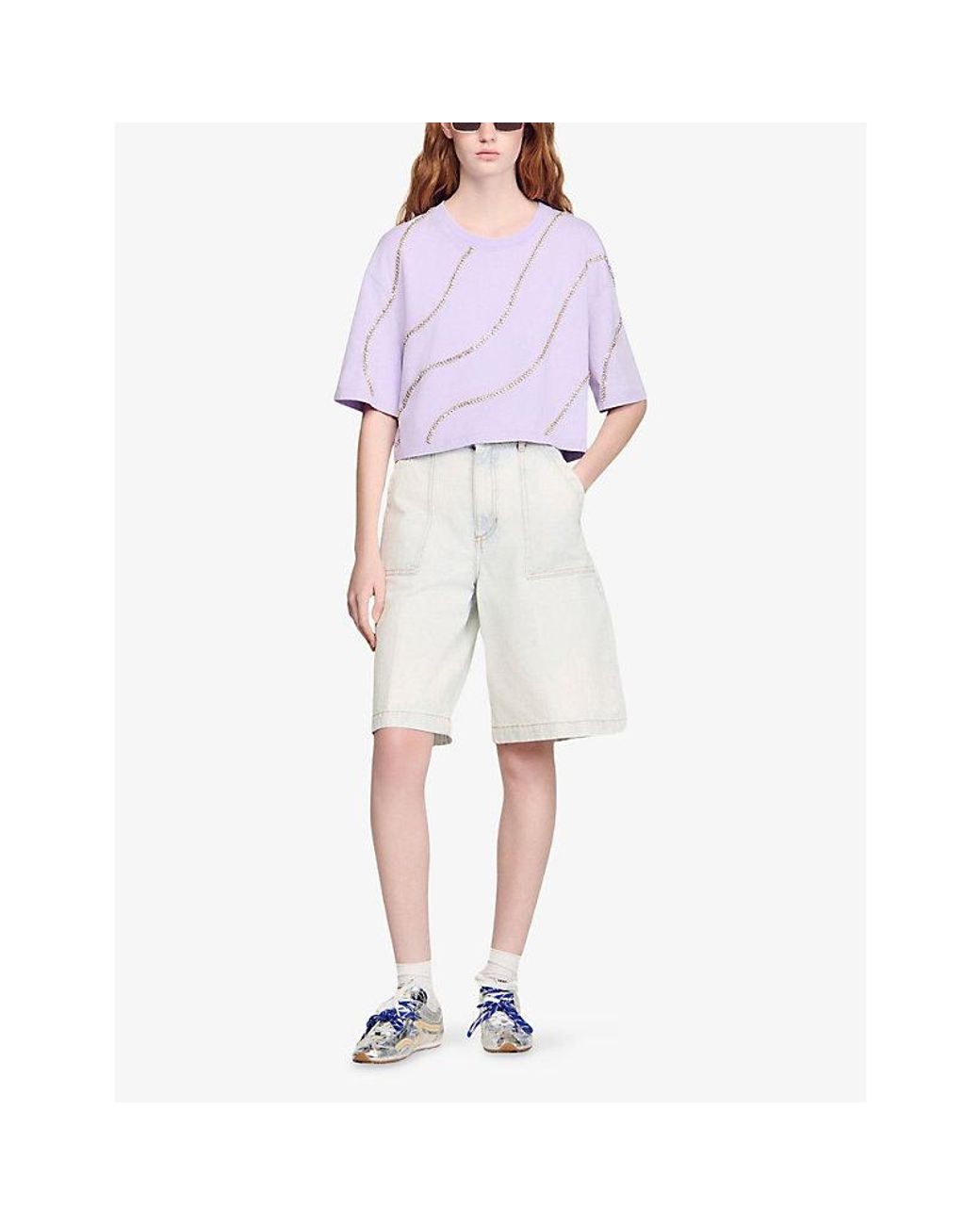 Sandro Purple Cropped Rhinestone-Embellished Cotton T-Shirt