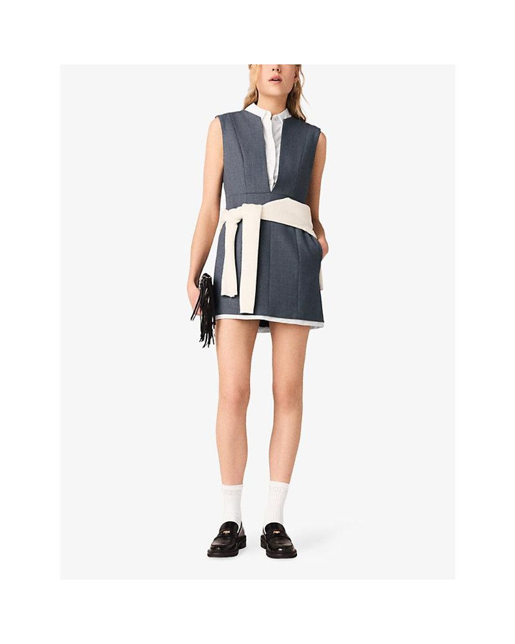 Maje Blue Layered-Effect Sleeveless Tailored Wool-Blend Mini Dress