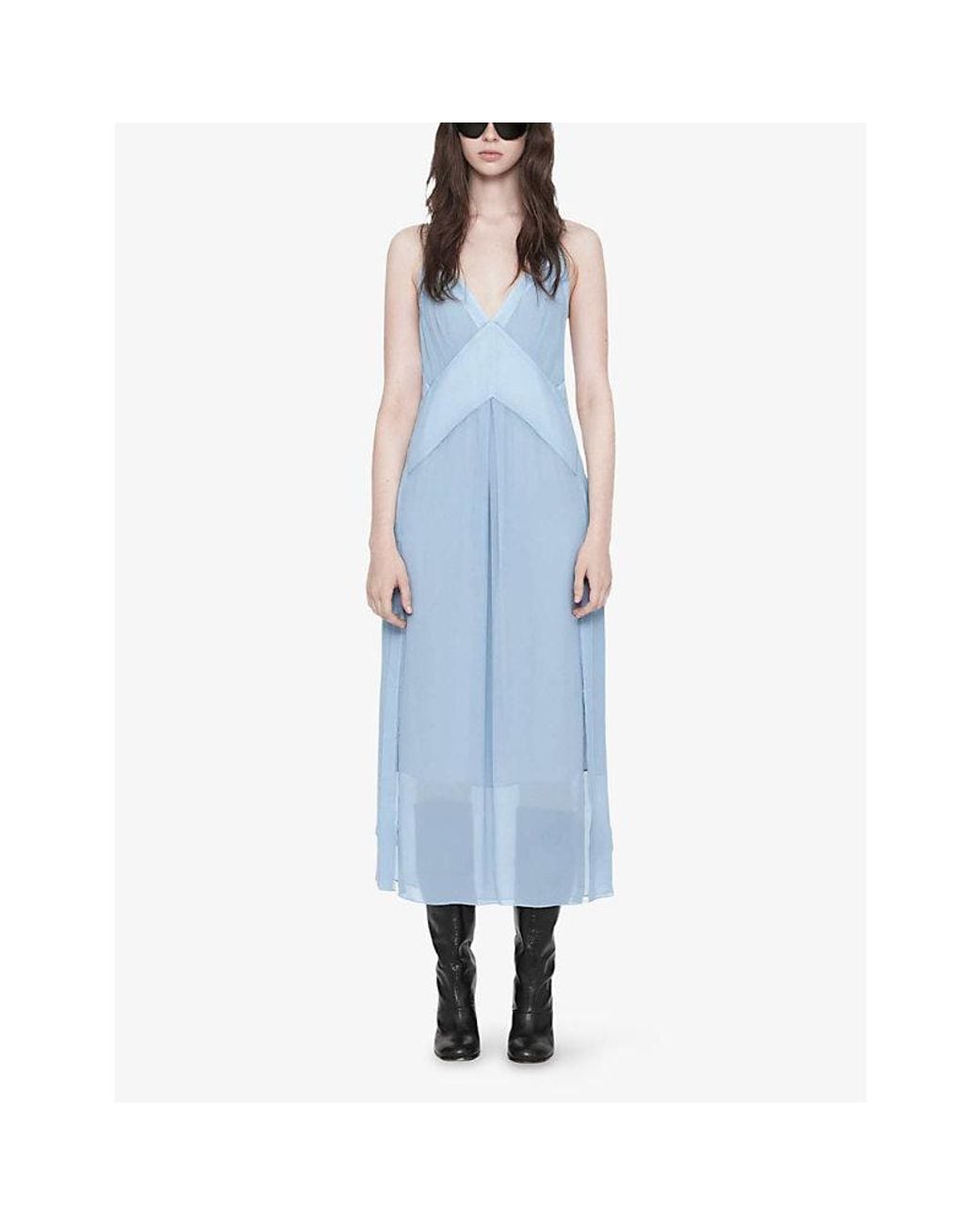 AllSaints Blue Fawn V-Neck Woven Midi Slip Dress