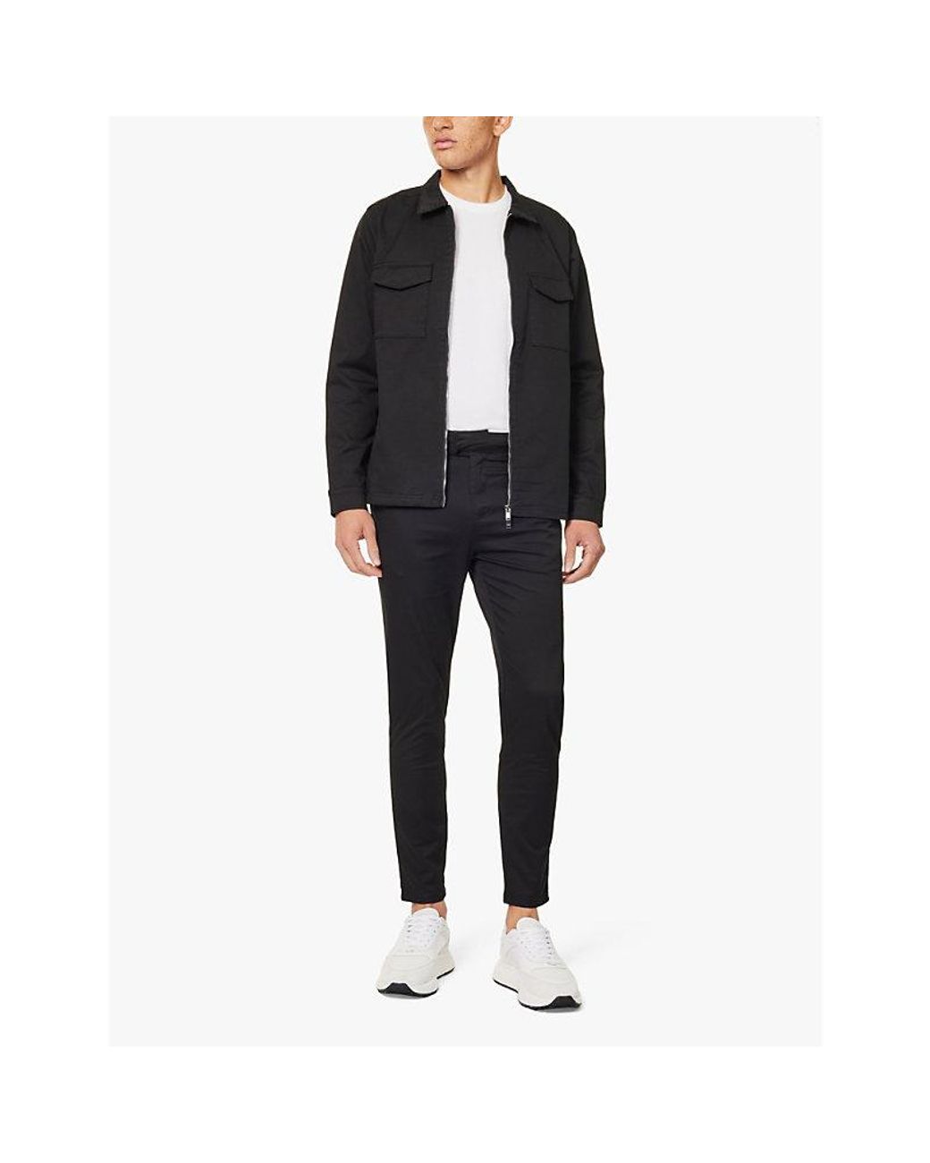 Arne Black Slip-Pockets Drawstring-Waistband Tapered-Leg Tailored-Fit Stretch-Cotton Trousers for men