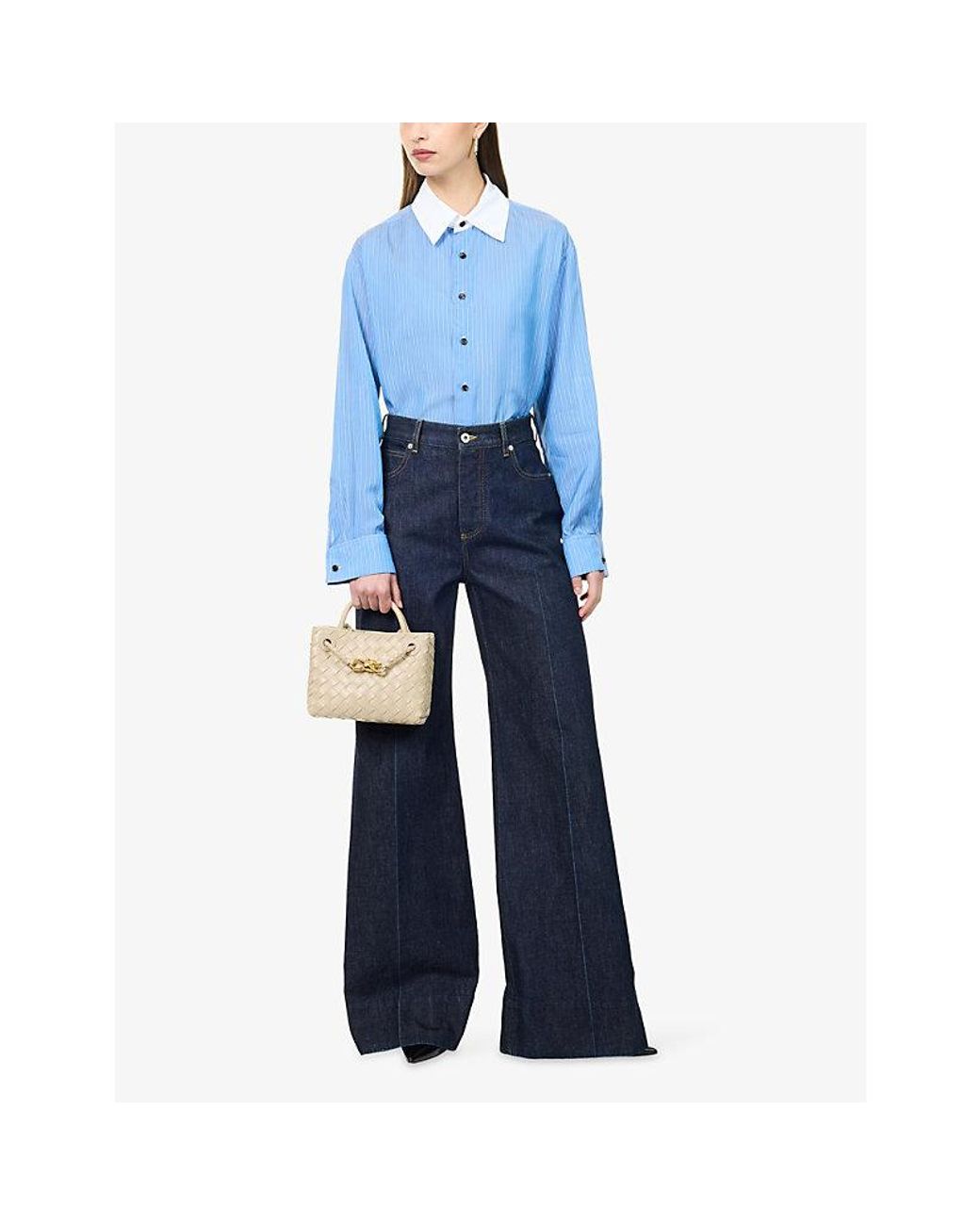 Bottega Veneta Blue Contrast-Collar Pinstripe Woven Shirt