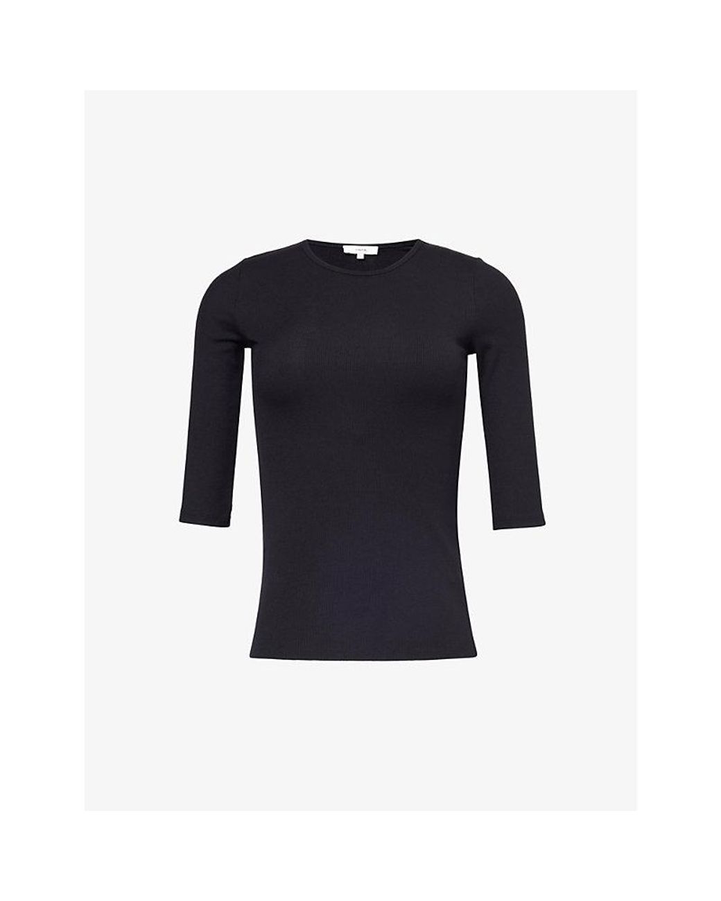 Vince Blue Ribbed Round-Neck Stretch-Woven Top