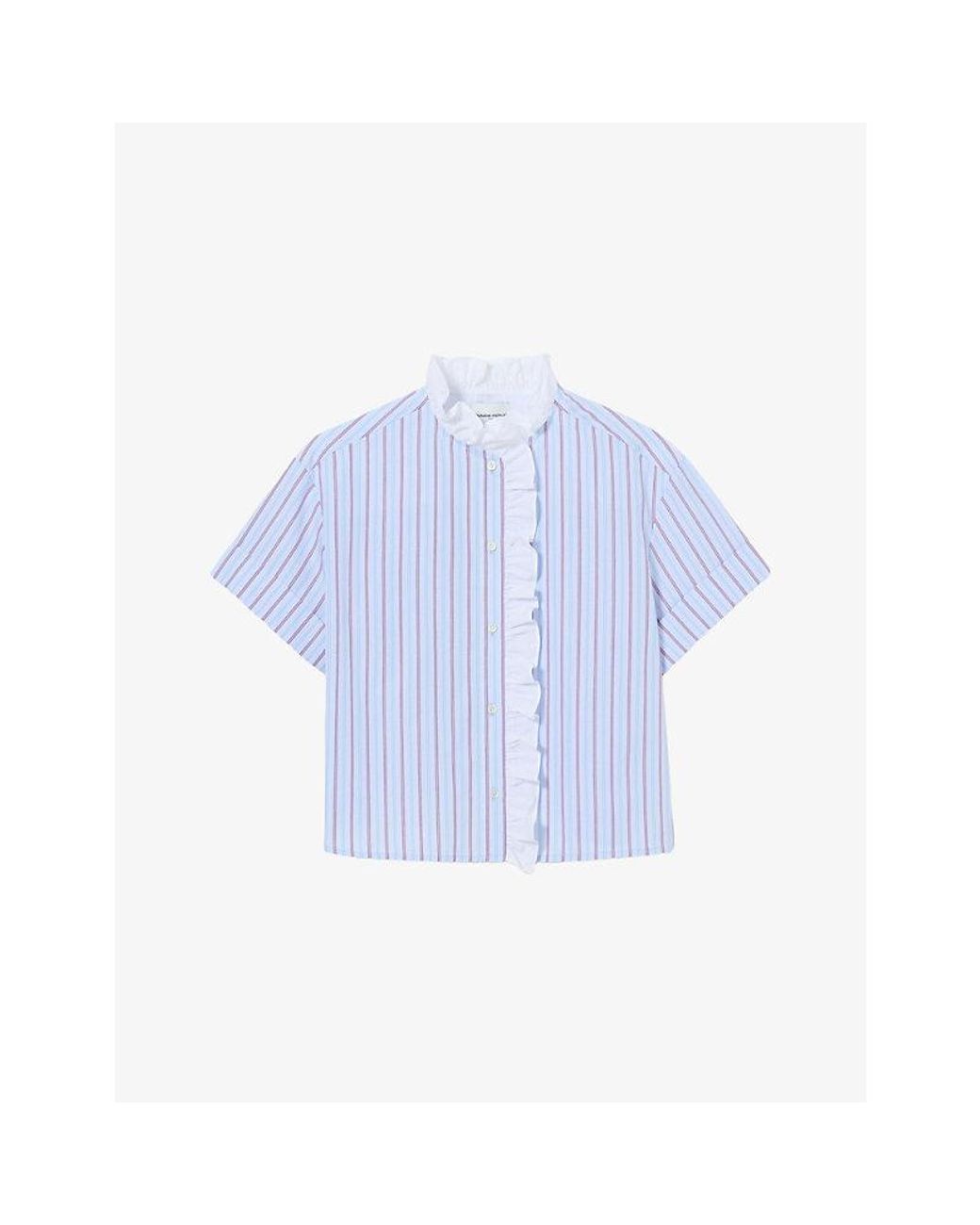 Claudie Pierlot Blue Striped Ruffled Cotton-Poplin Shirt