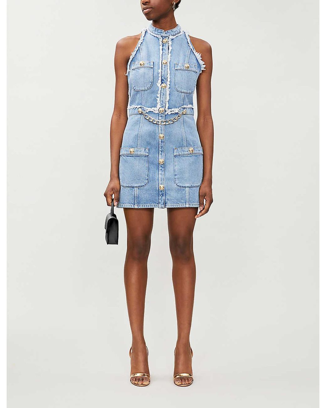 Balmain Chain-embellished Halter Neck Denim Mini Dress in Blue Denim (Blue) - Lyst
