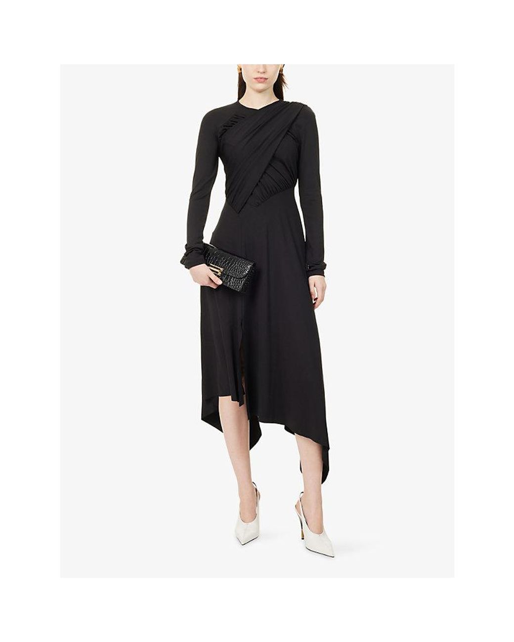 Victoria Beckham Black Long-Sleeve Fluid-Drape Stretch-Jersey Midi Dress