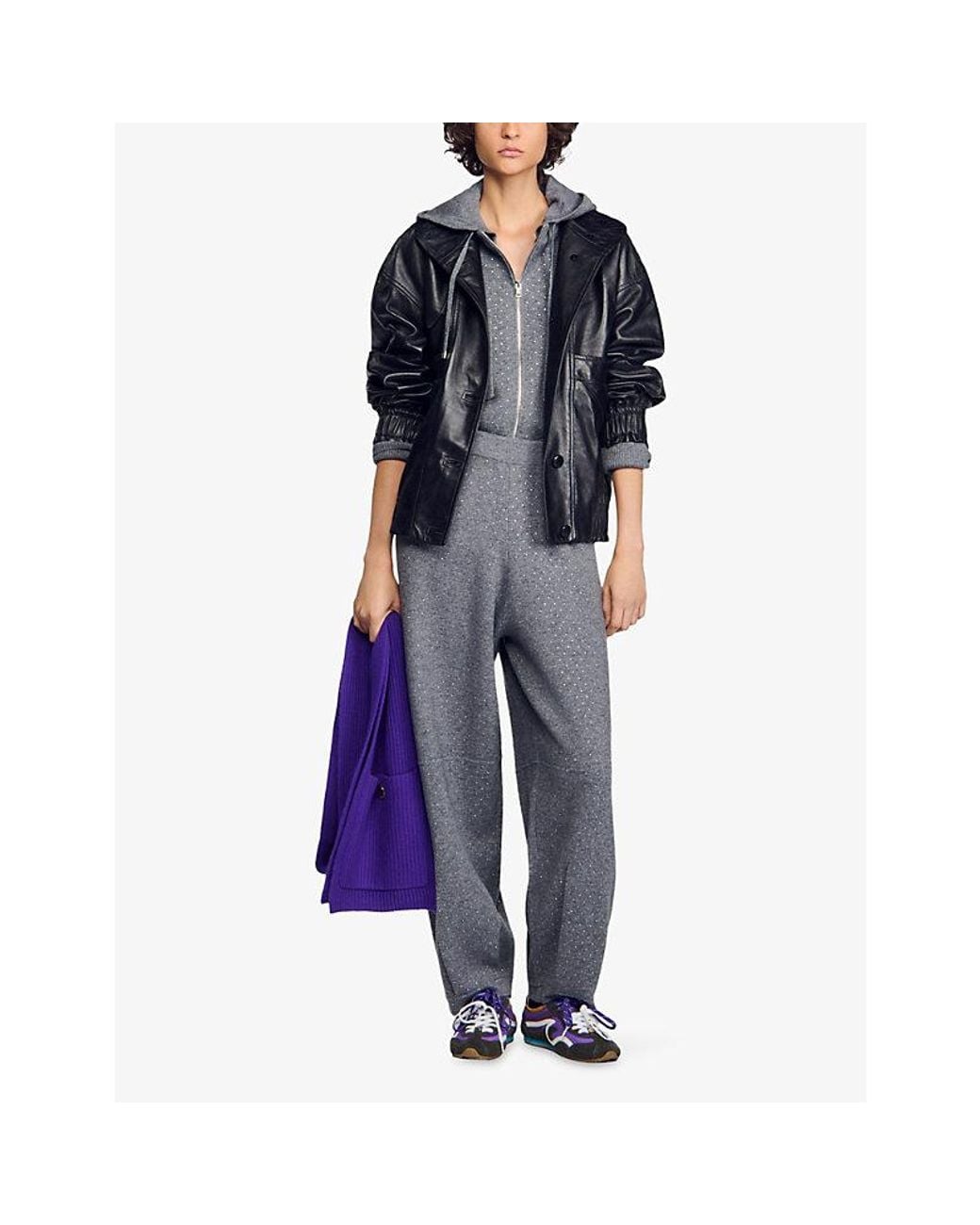 Sandro Gray Rhinestone Barrel-Leg Wool And Cashmere-Blend Jogging Bottoms