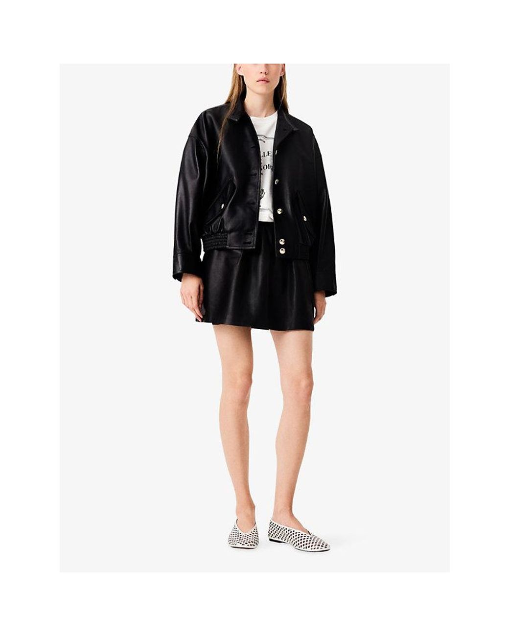 Maje Black Flared Leather Mini Skirt
