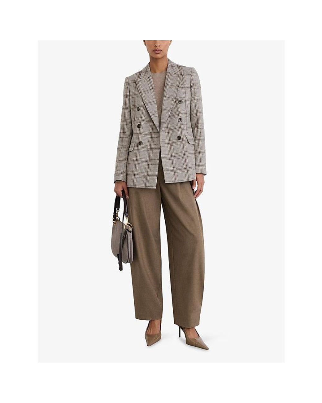 Reiss Gray Bella Checked Double-Breasted Wool-Blend Blazer