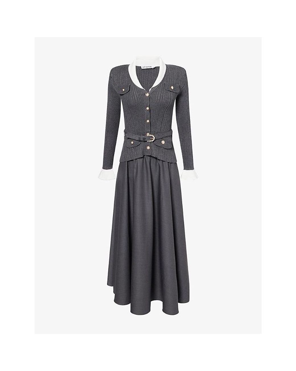 Self-Portrait Gray Belted Ribbed-Knit Midi Dress