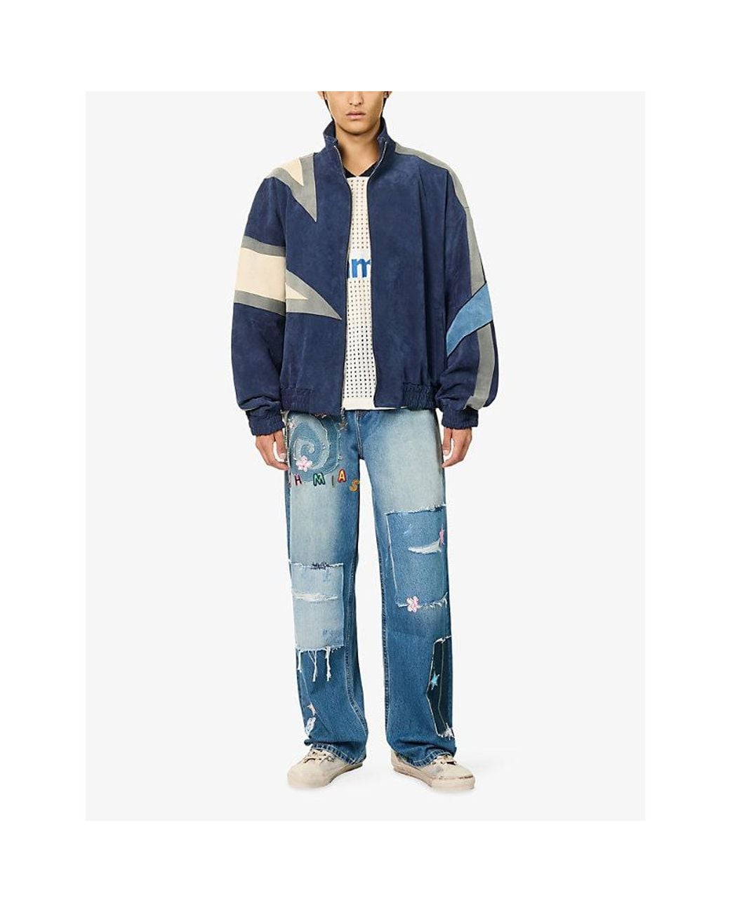 NAHMIAS Blue Wipeout Embroidered-Patches Denim Jeans for men