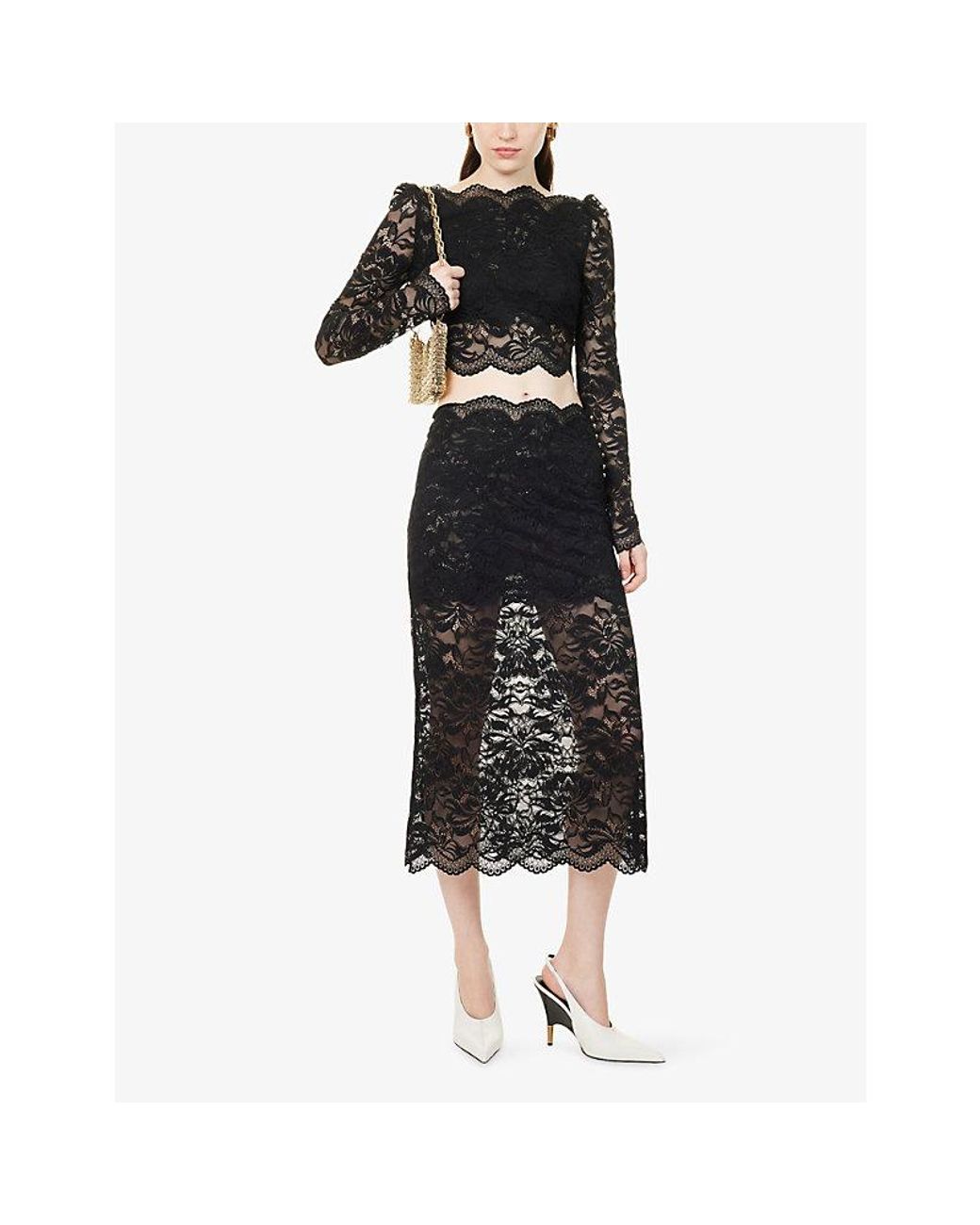 Rabanne Blue Jupe Floral-Lace Woven Midi Skirt