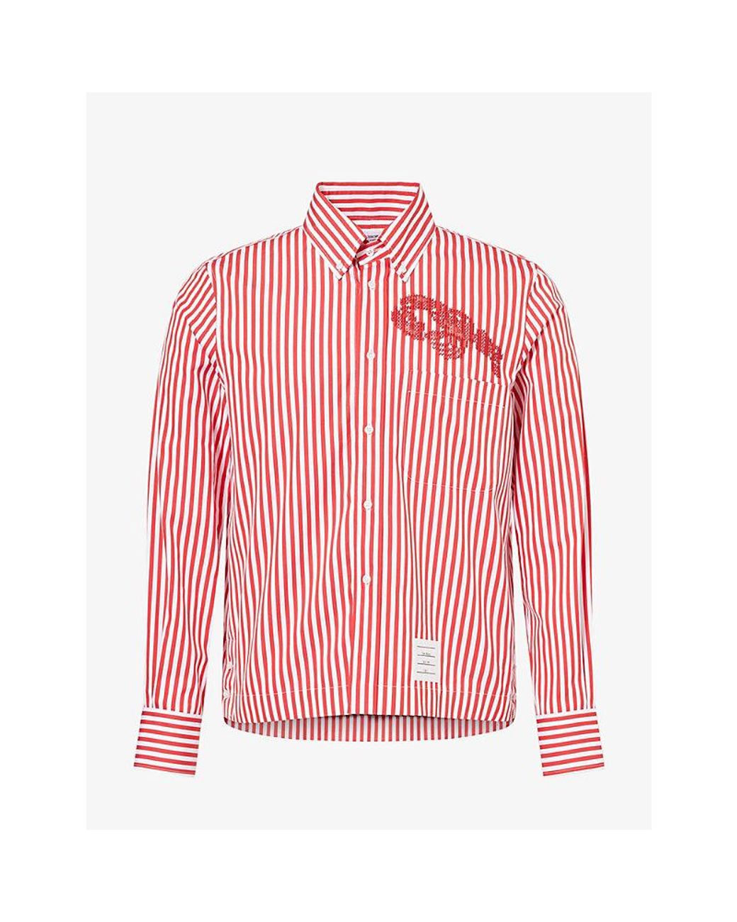 Thom Browne Pink Lobster-Embroidered Striped Cotton Shirt for men