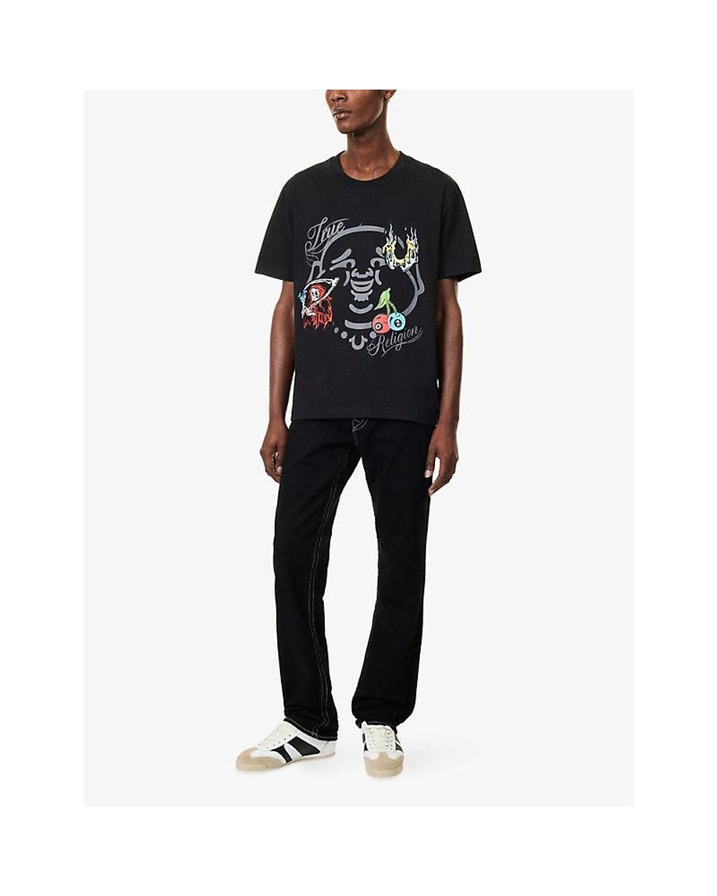 True Religion Black Buddha Face Graphic-Print Cotton T-Shirt for men