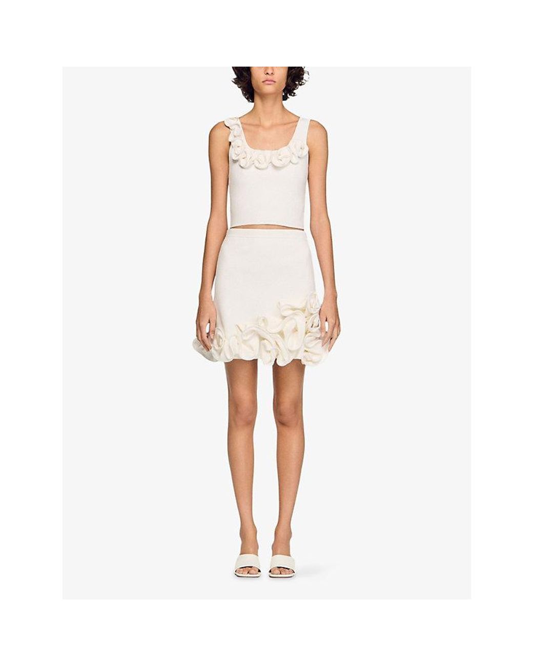 Sandro White Flower-Embellished Knitted Mini Skirt