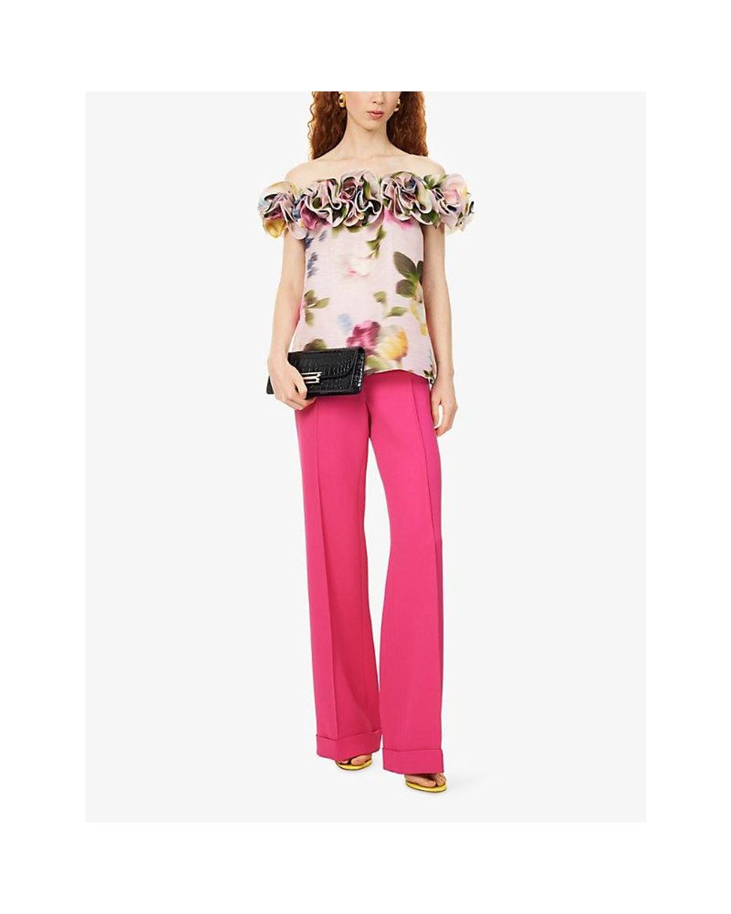 Carolina Herrera Pink Off-Shoulder Floral Linen-And-Silk Top