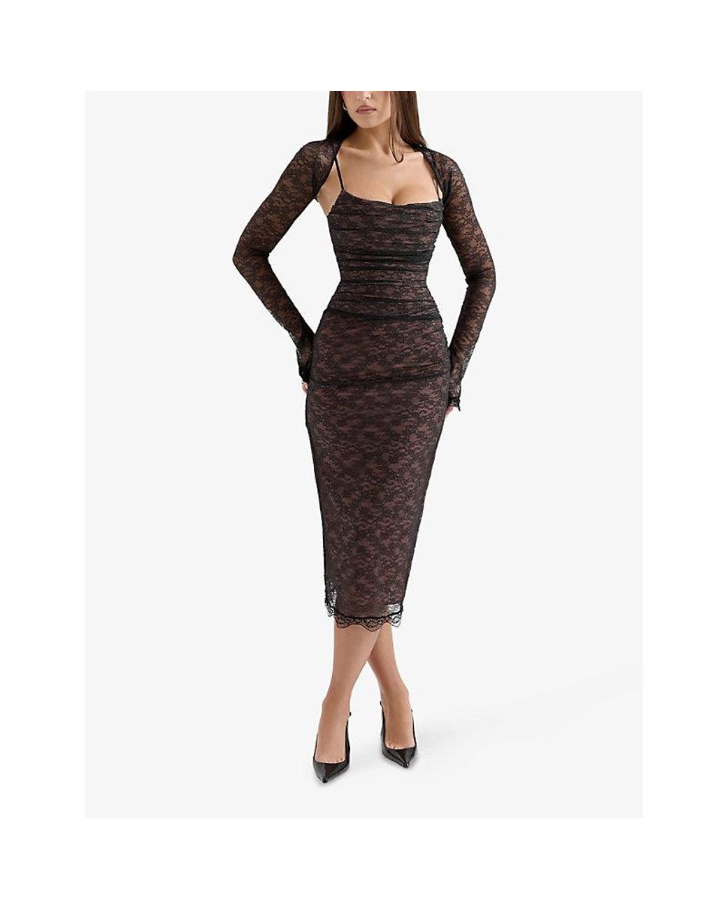 House Of Cb Brown Gaia Corset Stretch-Lace Midi Dress