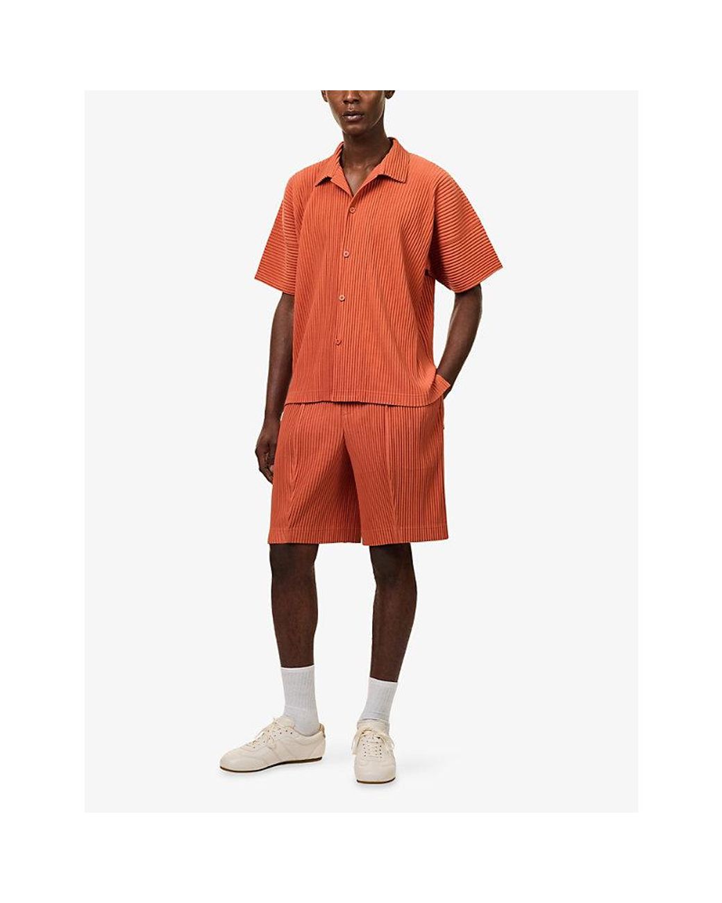 Homme Plissé Issey Miyake Orange Drawstring-Waist Pleated Knitted Shorts for men