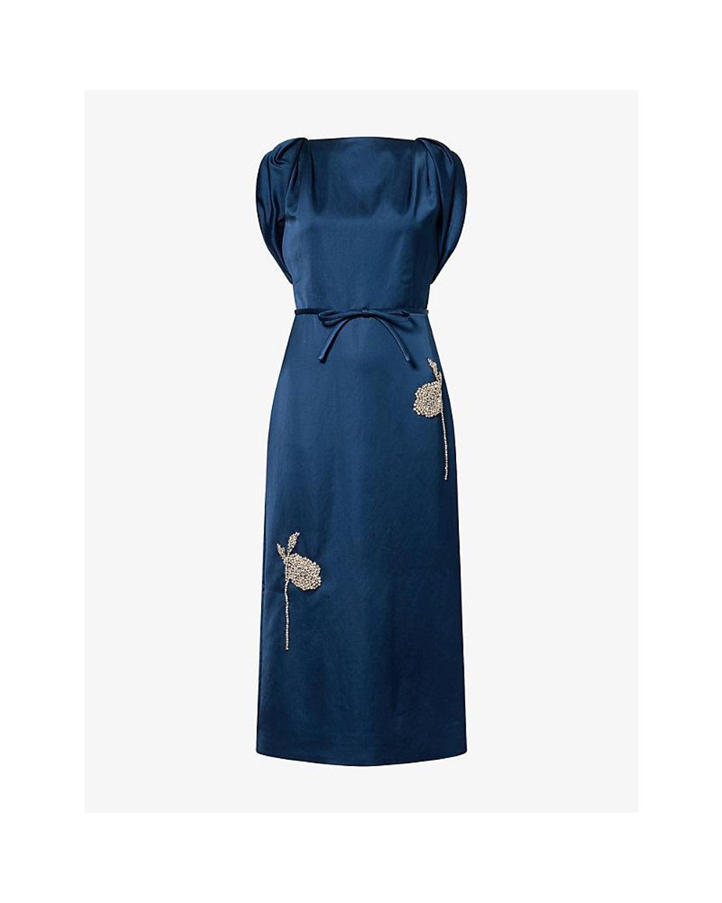 Erdem Blue Floral-Embroidered Fitted Satin Midi Dress