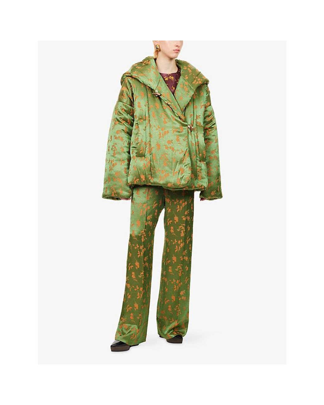 Dries Van Noten Green Vacali Floral-Print Puffer Jacket