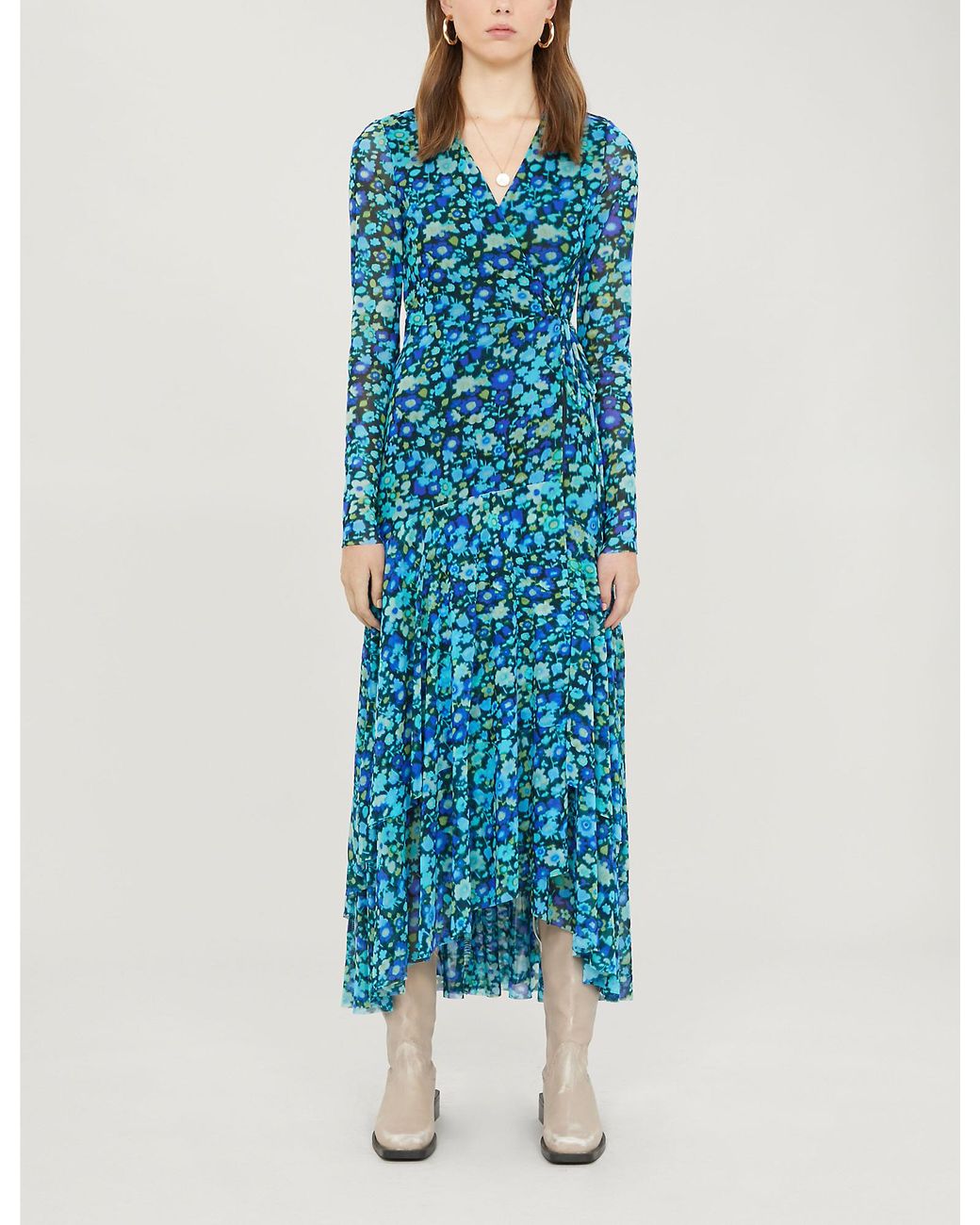 Ganni Floral Print Wrap Dress in Blue | Lyst