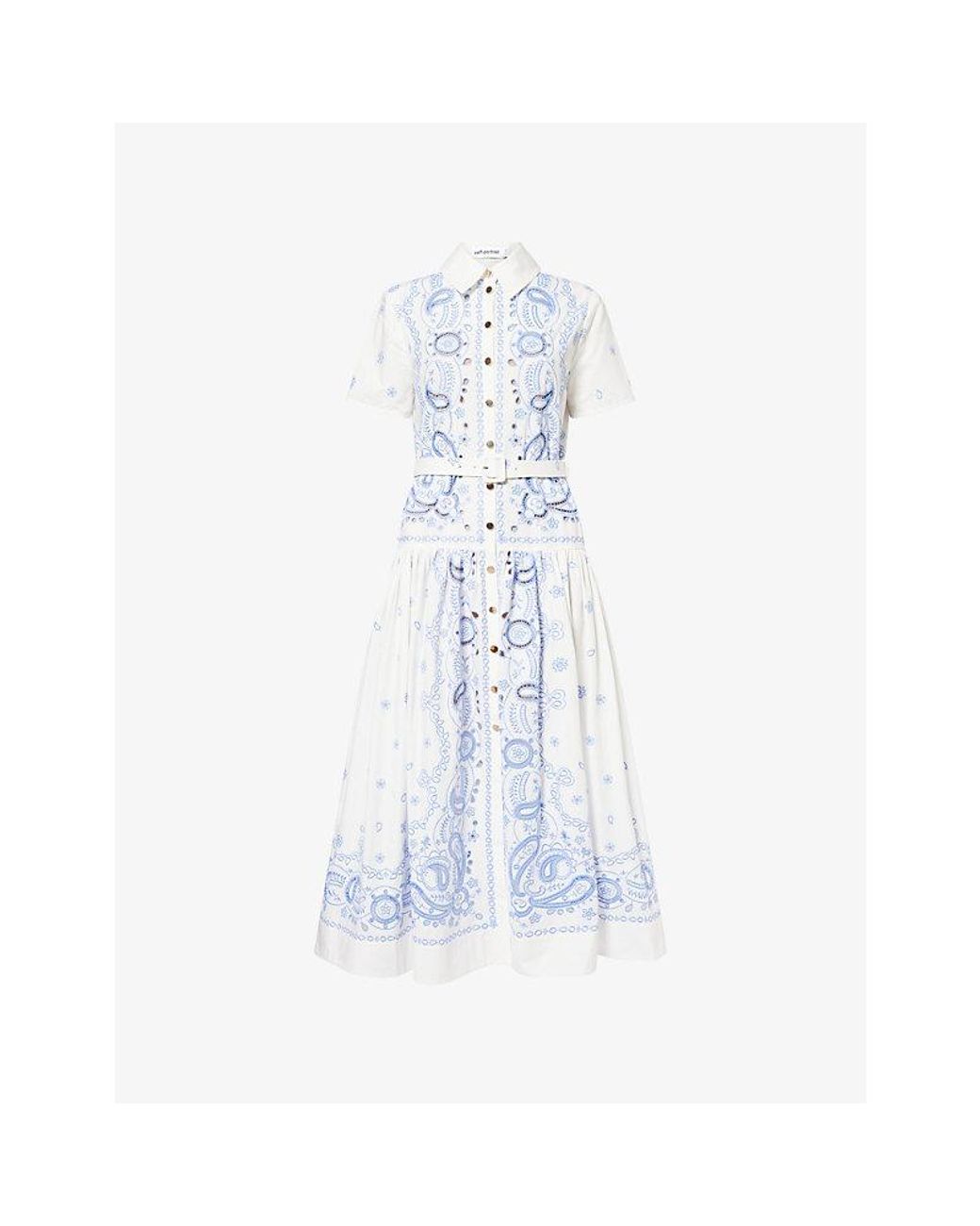 Self-Portrait Blue Belted Embroidered Cotton Midi Dress