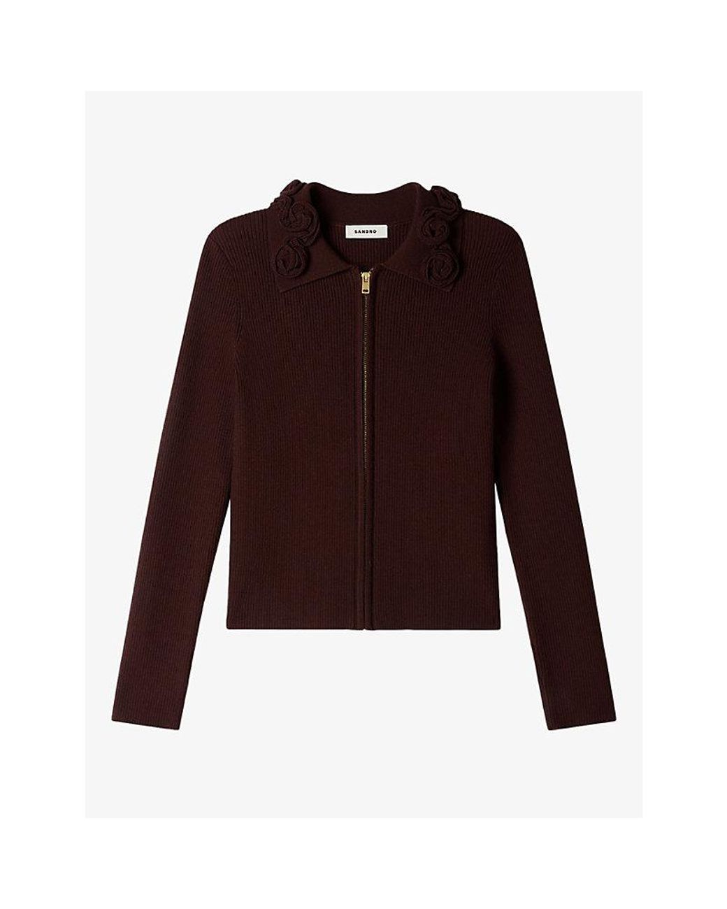 Sandro Purple Floral-Trim Zipped Wool-Blend Cardigan