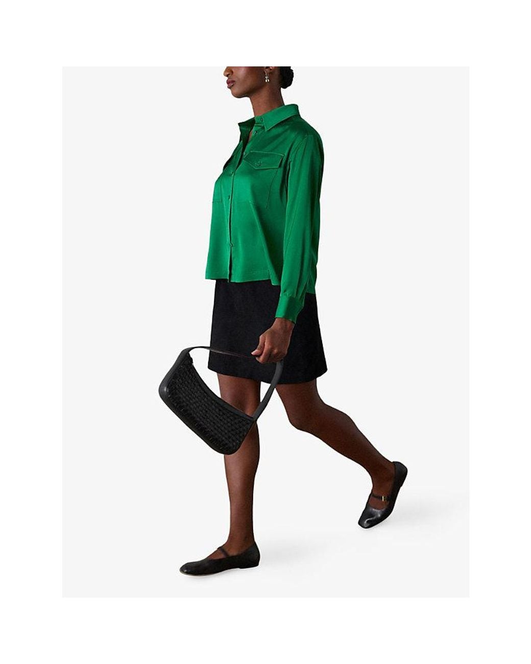Whistles Green Utility Patch-Pocket Satin Shirt