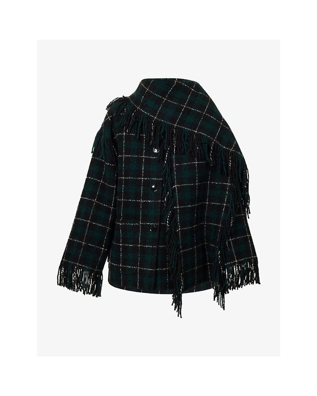 Totême Blue Plaid Fringed Wool-Blend Scarf Jacket