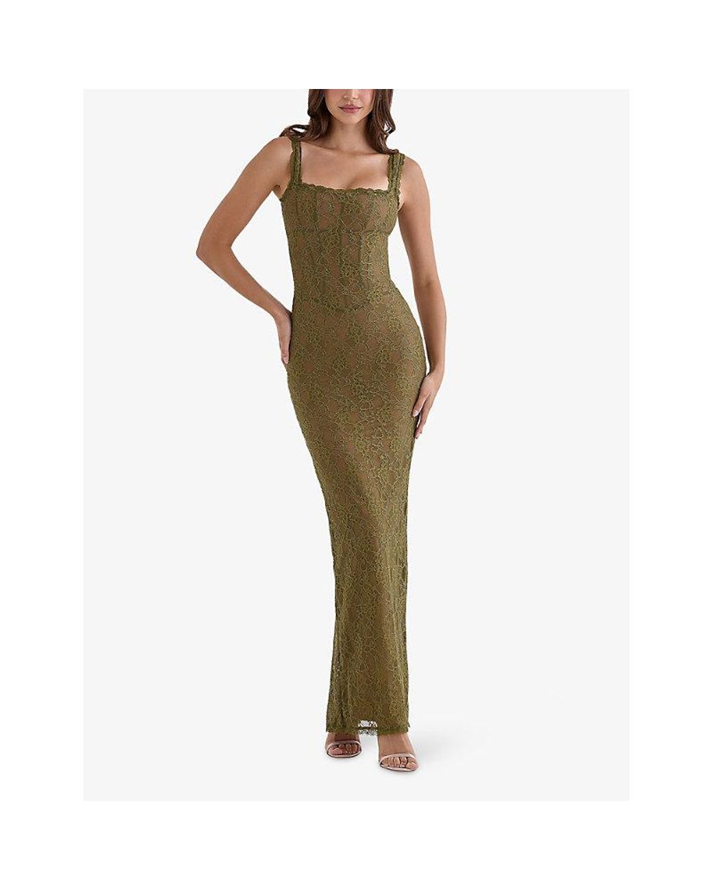House Of Cb Green Aureliana Lace Scallop-Trim Woven Maxi Dress