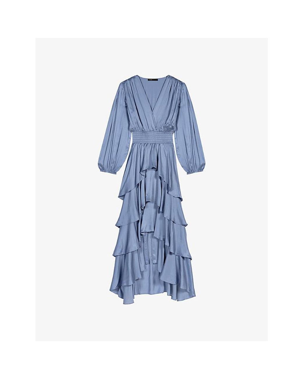 Maje Blue V-Neck Ruffled Woven Maxi Dress
