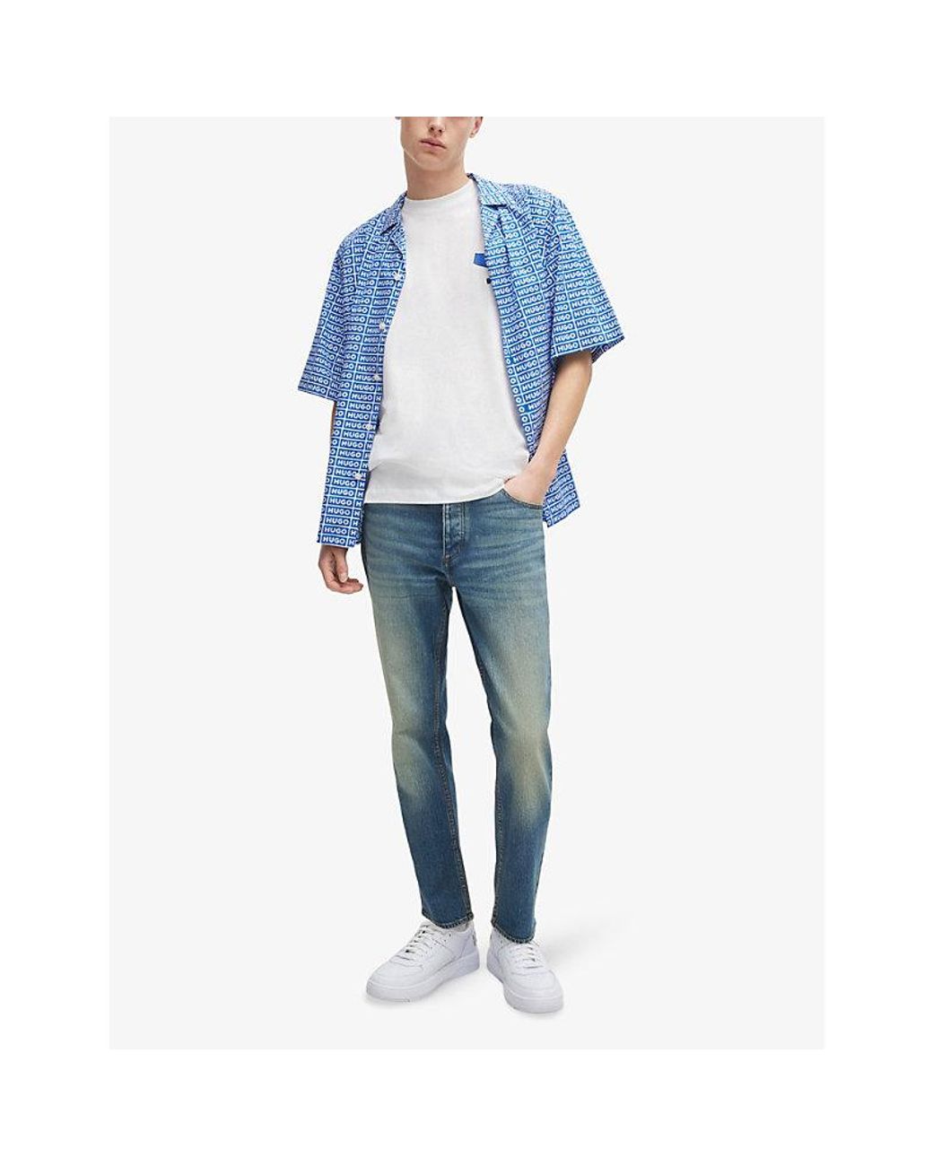 HUGO Blue Logo-Print Relaxed-Fit Short-Sleeve Cotton Shirt for men