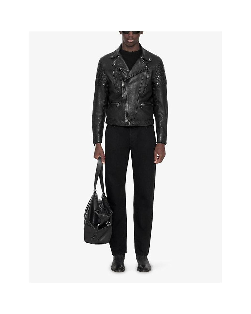AllSaints Black Reed Asymmetric-Zip Leather Jacket for men