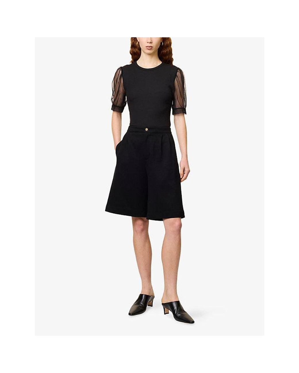 FRAME Black Tulle-Sleeve Stretch-Woven Top