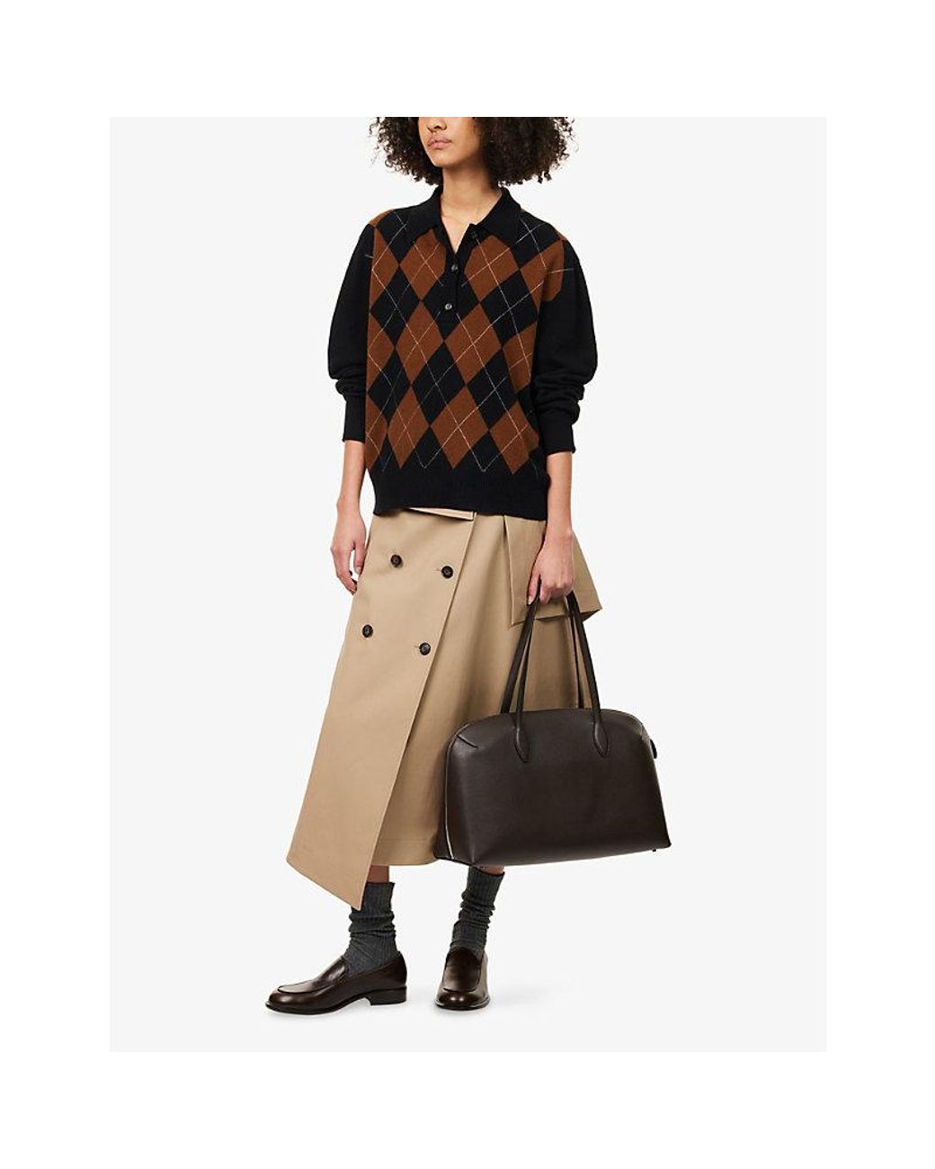 RÓHE Frames Black Argyle-Check Knitted Wool Polo Top