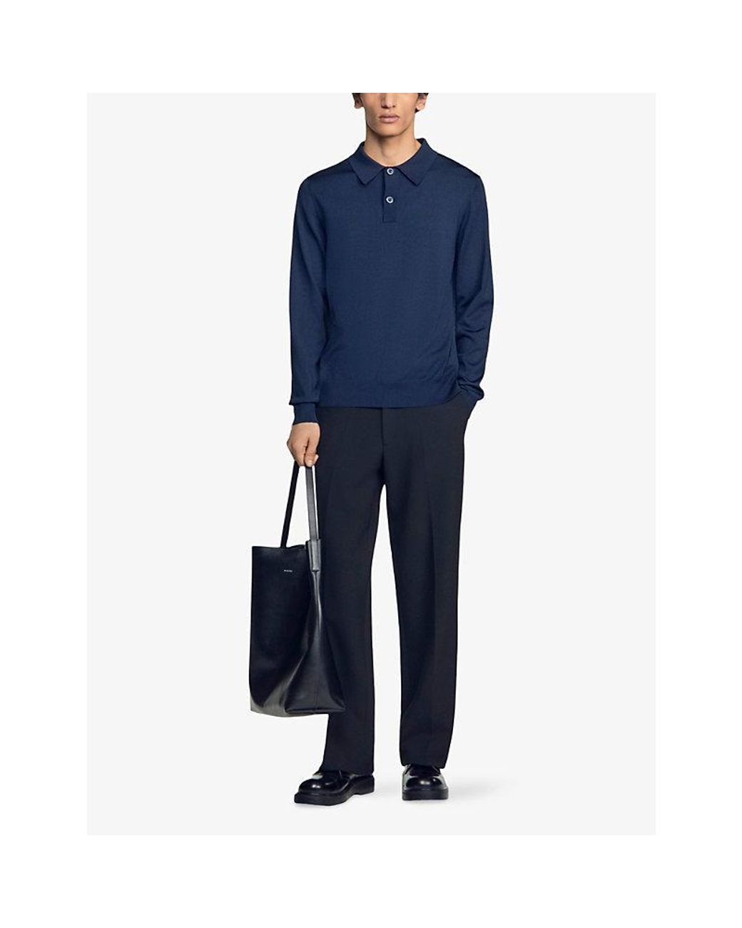 Sandro Blue Long-Sleeved Knitted Polo Shirt for men