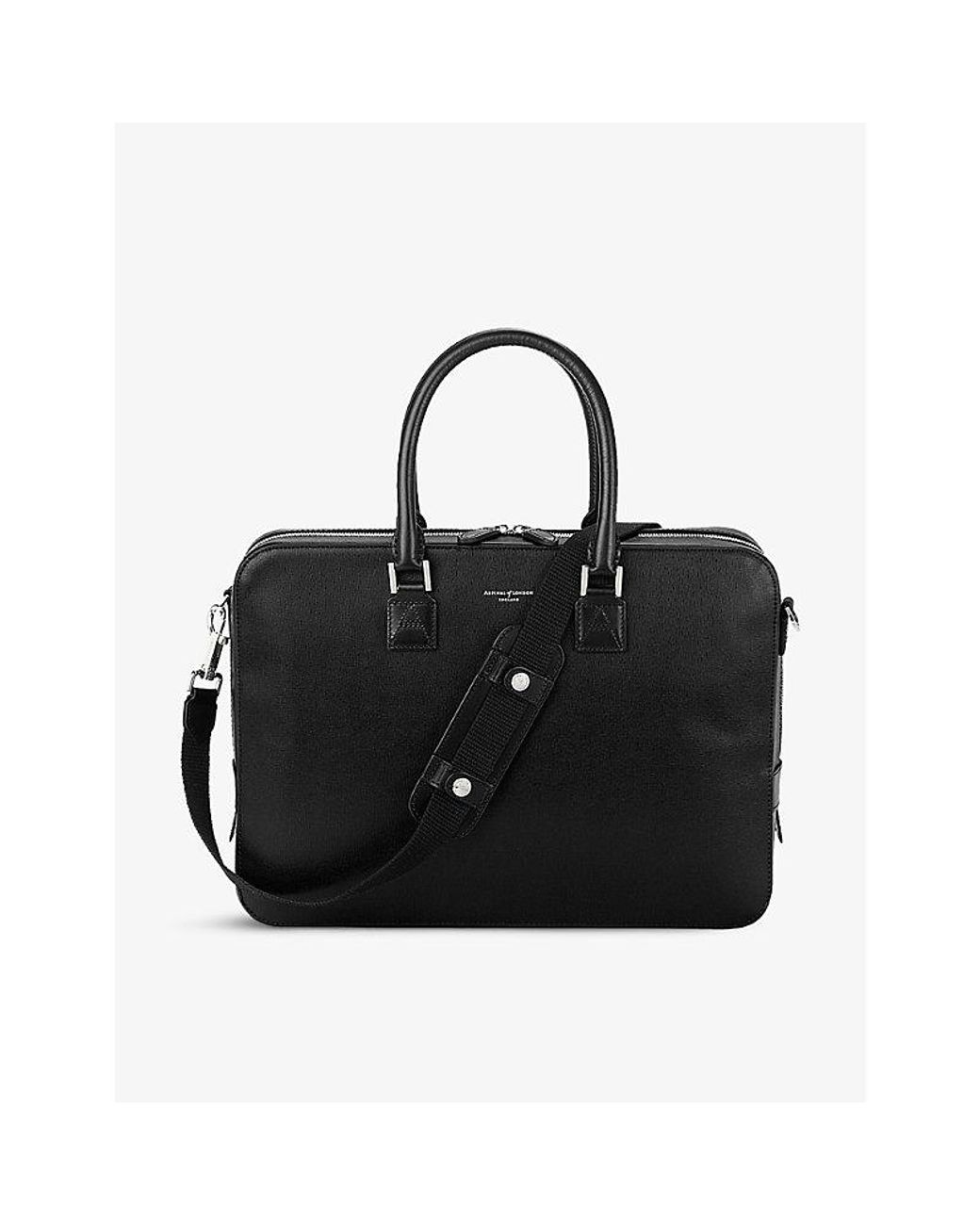 Aspinal Black Mount Street Logo-Embellished Leather Laptop Bag for men