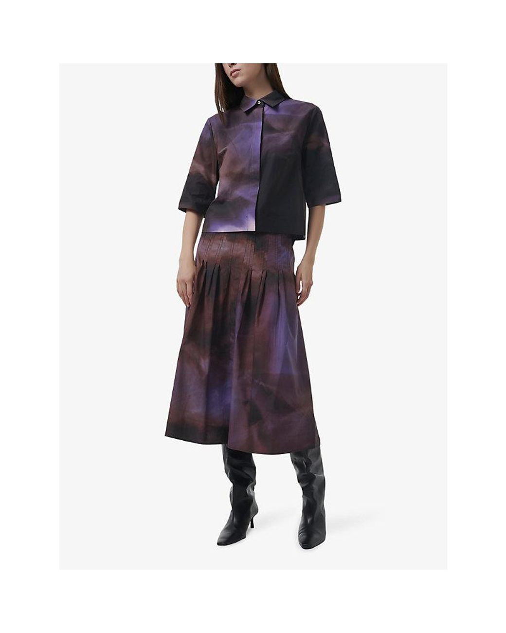 eem Purple Printed Belted Cotton Midi Skirt