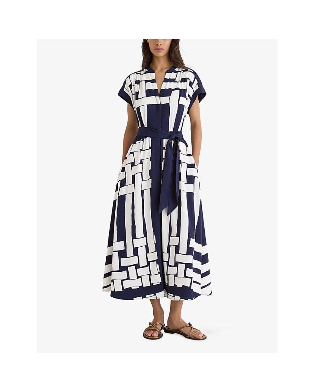 Reiss Blue Samira Scarf-Print Belted Midi Dress