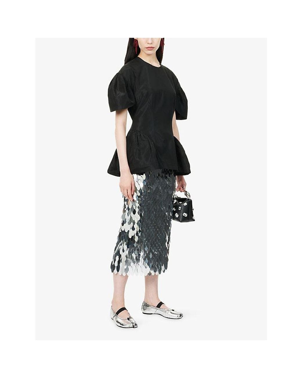 Simone Rocha Black Short-Sleeve Peplum Satin Top