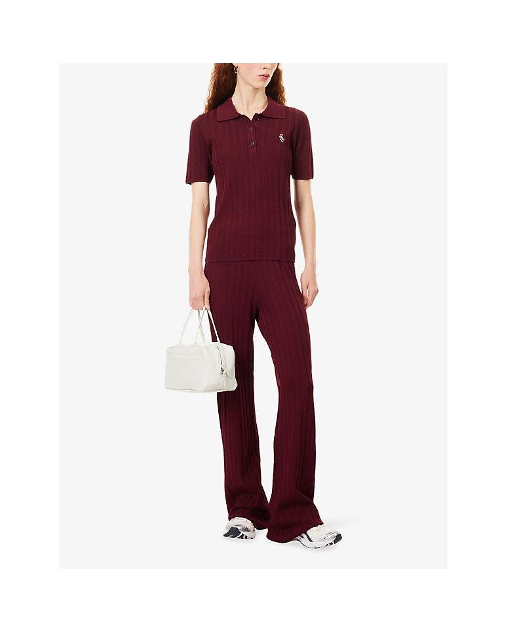 Sporty & Rich Red Brand-Logo Ribbed Woven Polo Top