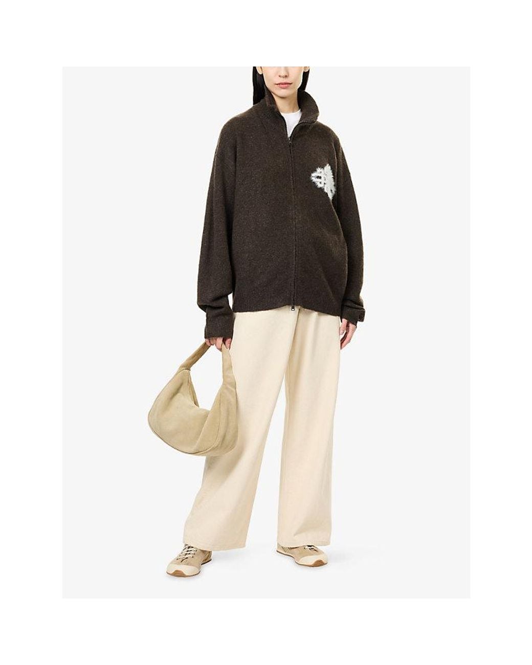 The Couture Club Brown Fluffy Funnel-Neck Zip Knit Jumper