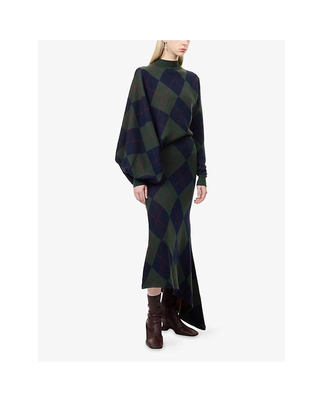 A.W.A.K.E. MODE Blue Argyle Merino-Wool Knit Maxi Dress