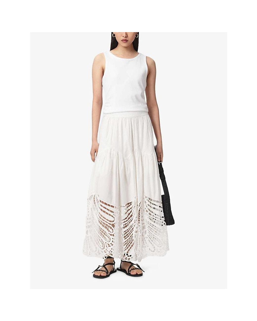 AllSaints White Femi Branded-Waist Cotton Midi Skirt