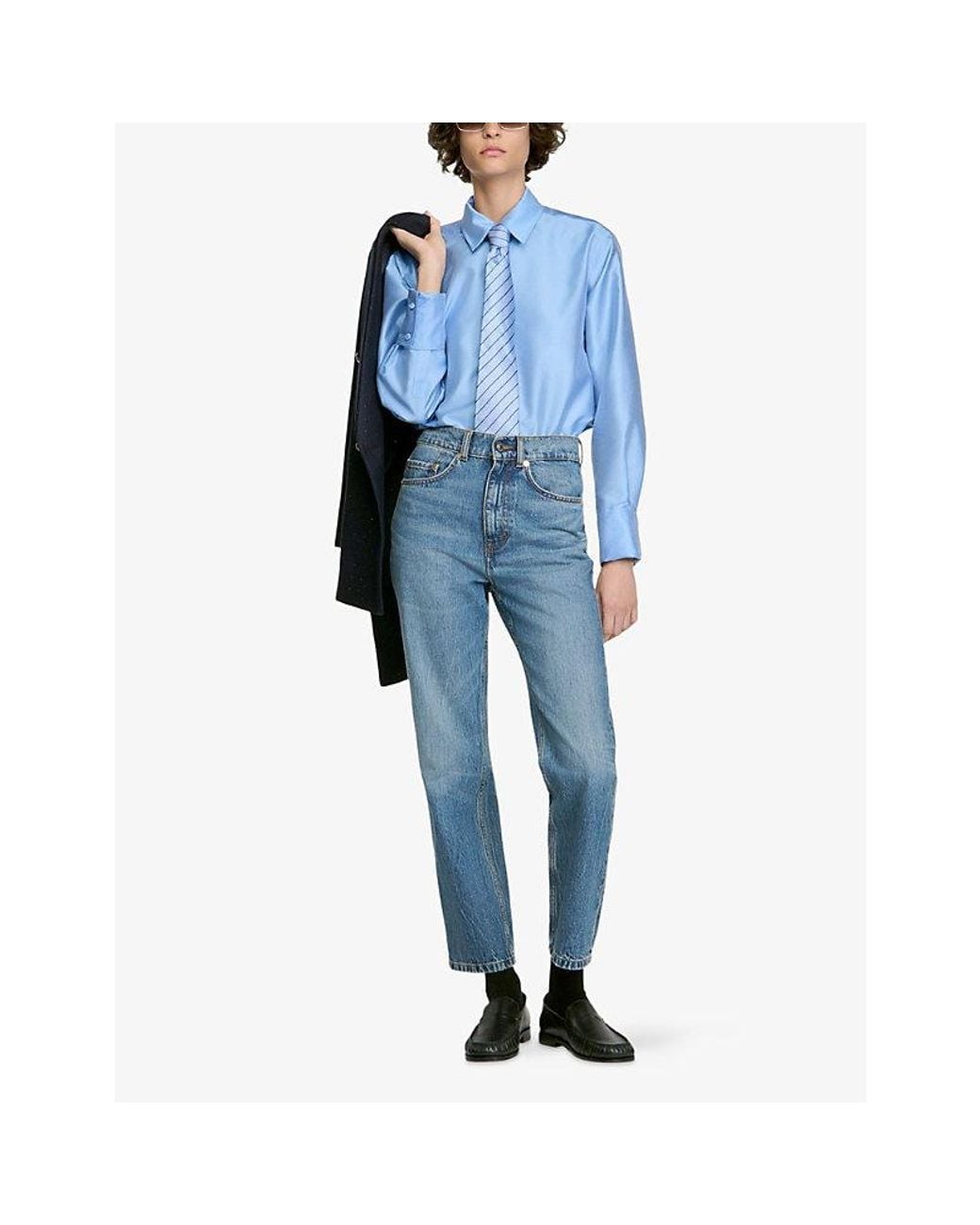 Sandro Blue Jewellery-Embellished Long-Sleeve Silk-Blend Shirt