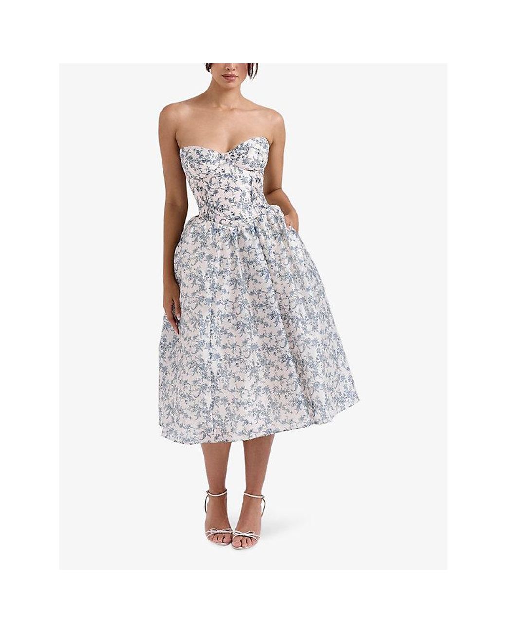 House Of Cb White Bennett Graphic-Print Strapless Cotton-Blend Midi Dress