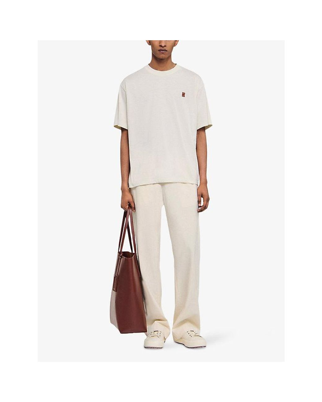 Sandro Natural Logo-Patch Crewneck Cotton T-Shirt for men