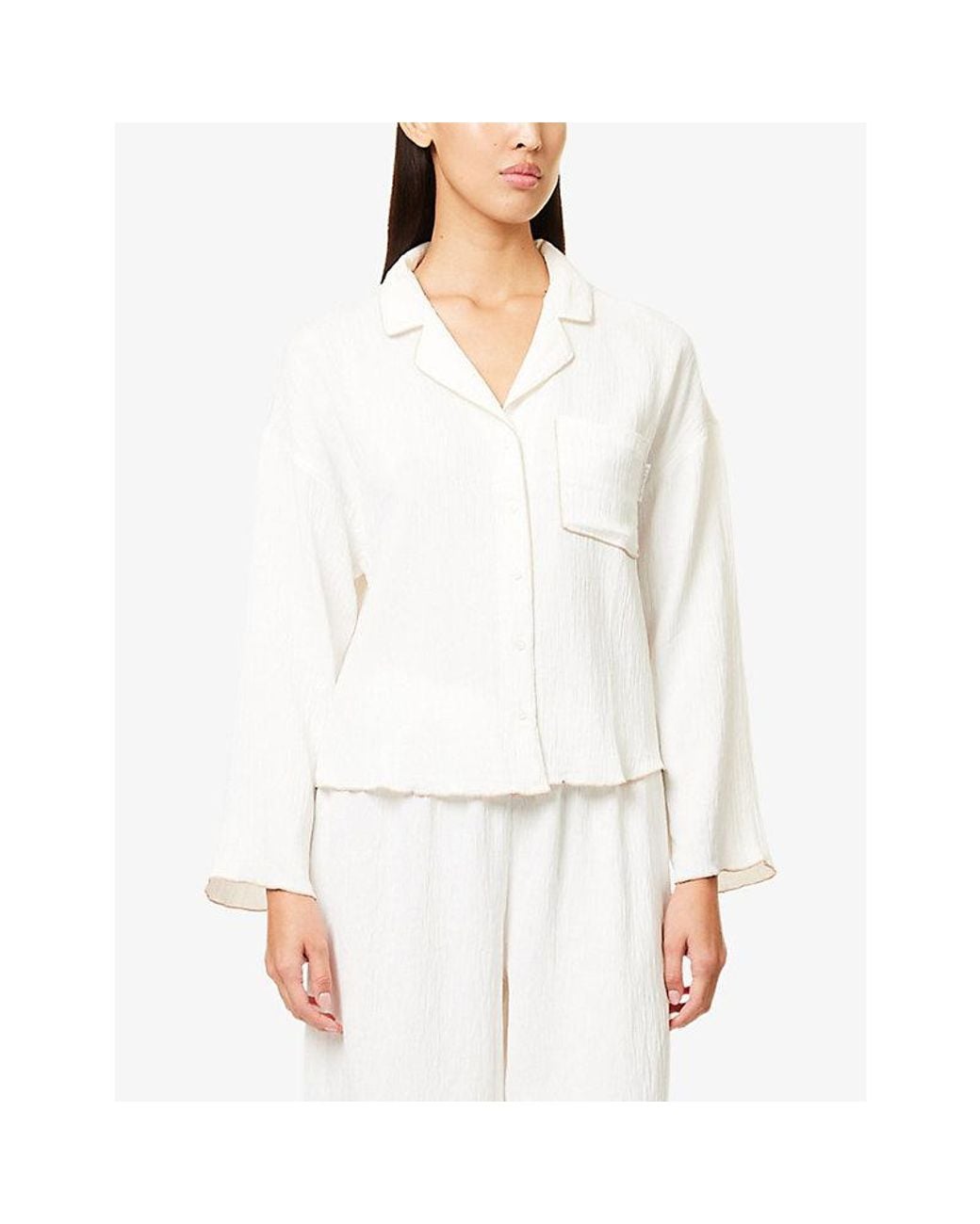 Lounge Underwear White Crinkle Cropped Woven Pyjama Shirt